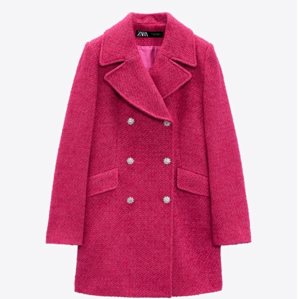 Zara Jewel Button Tweed Textured Double Breasted Blazer in Fuchsia